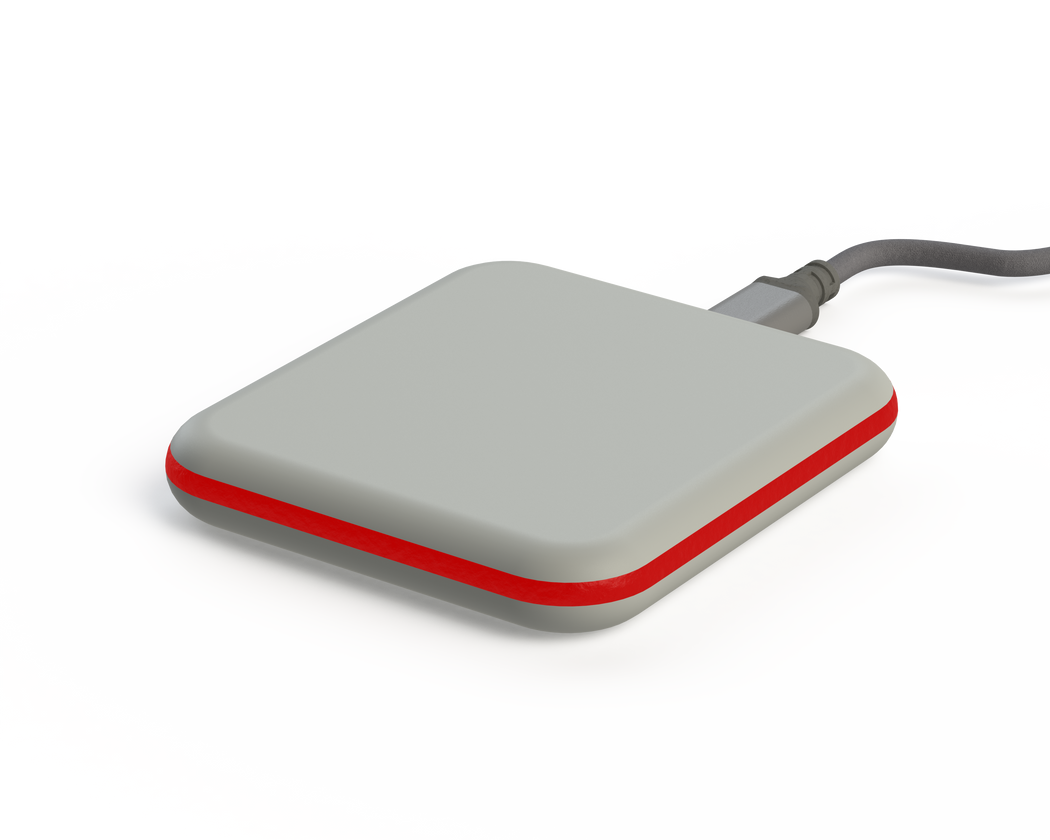 A compact, square-shaped device with a gray body and a red LED indicator light, designed for desk visualization with a connected cable.