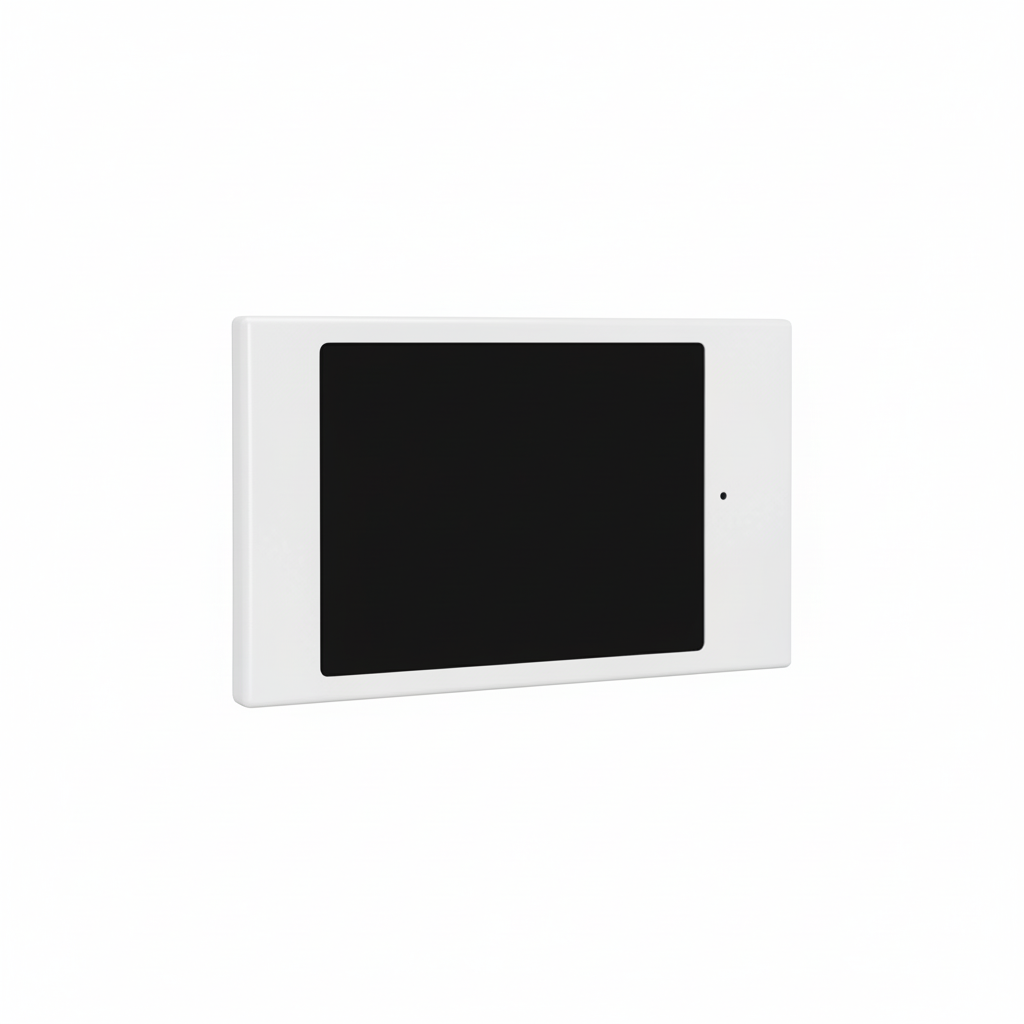 White electronic device with a black screen on a white background