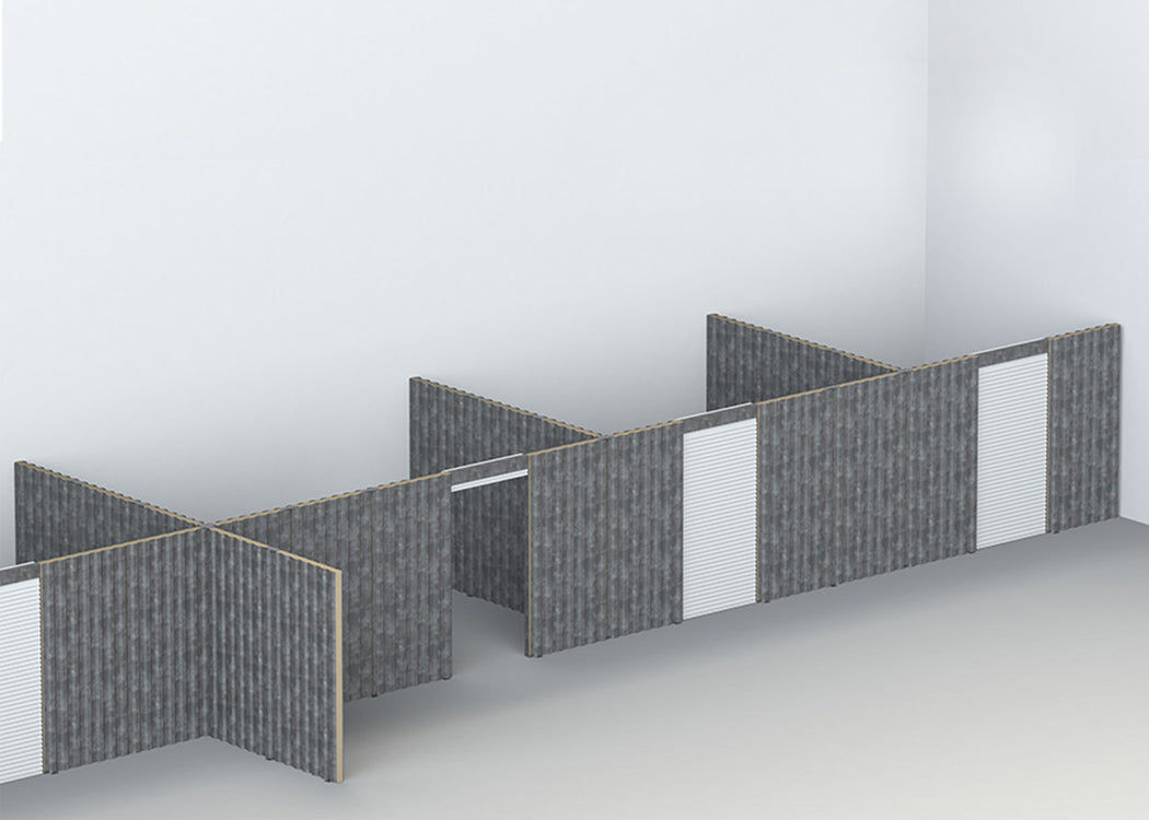 Modular corrugated metal wall partition for coworking warehouse spaces