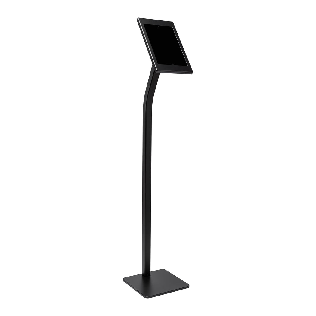 A sleek black floor stand designed to hold a tablet for visitor management or information display purposes.