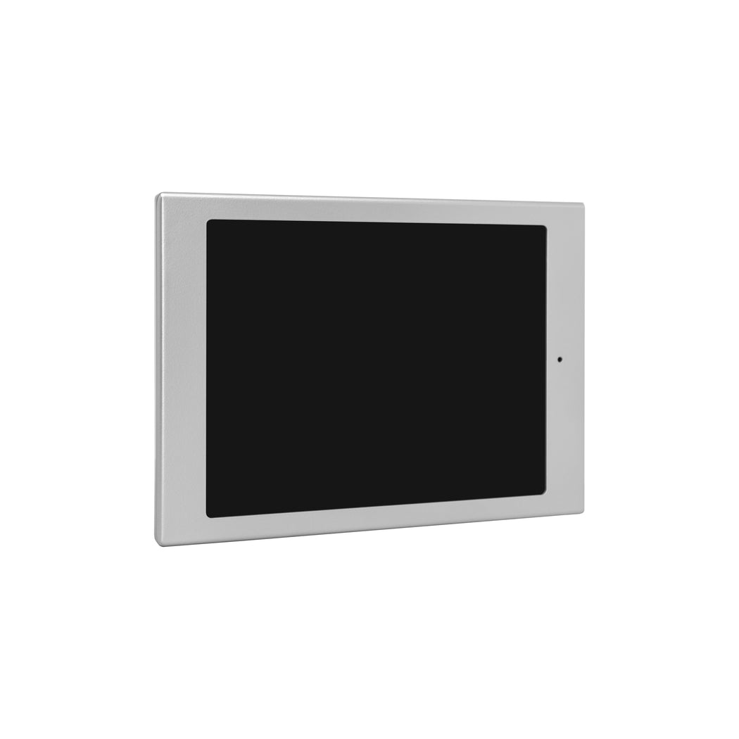 A silver door mount for iPad Mini displayed against a white background, designed to attach to a door frame.