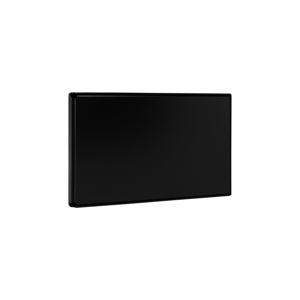 A tablet mounted on a silver frame designed to attach to a glass surface, with a black screen and aluminum construction.