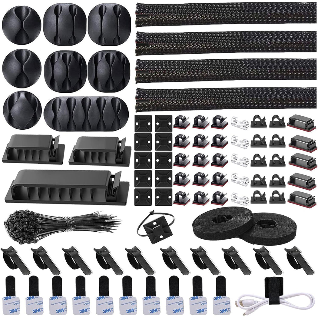 A collection of black cable management items including cable sleeves, wire ties, and cable clips laid out on a white background.