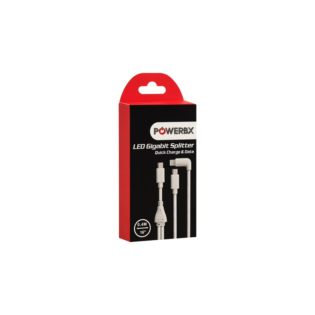 Packaging of PowerBx LED Gigabit Splitter Cable with Micro USB and Lightning connectors displayed on a white background