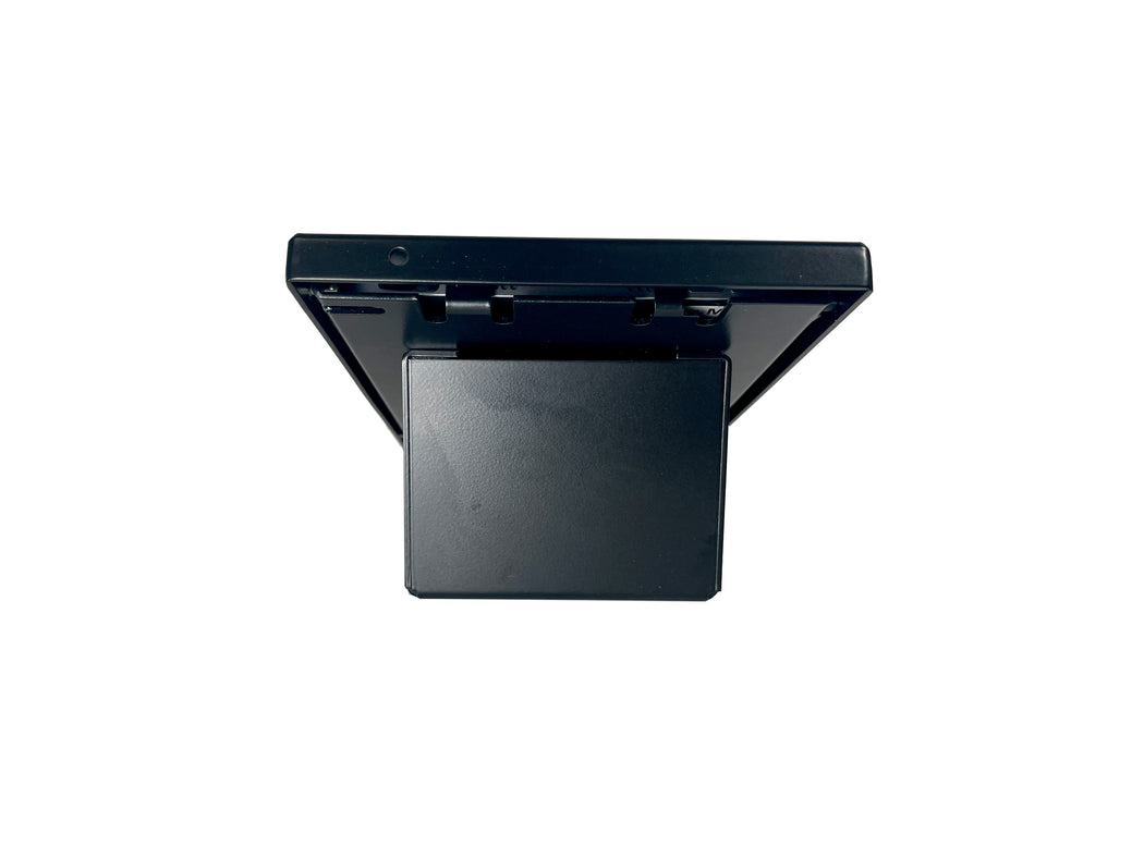 An ADA compliant wall-mounted iPad enclosure in silver color, designed for showcasing room space management software.