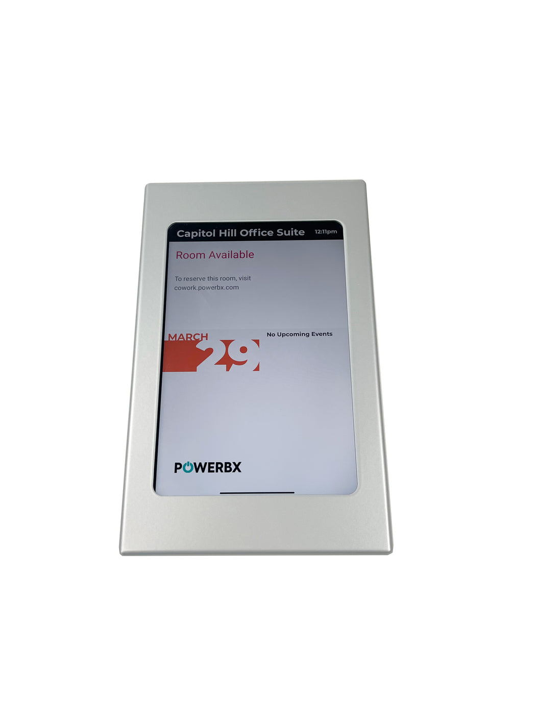 An ADA compliant wall-mounted iPad enclosure in silver color, designed for showcasing room space management software.