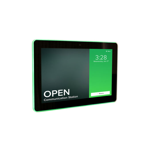 A 10.1 inch HD IPS display mounted on a wall with a green LED indicator displaying the word 'OPEN' on the screen, indicating availability for a conference room.