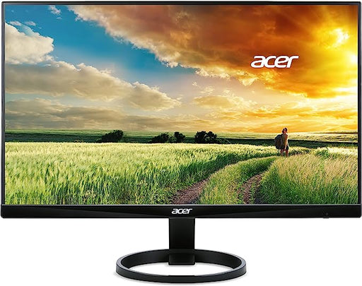 Acer 23.8” Home/Flex Office Computer Monitor with a widescreen display showing a landscape at sunset, indicating clear visuals from any position with a zero frame design.