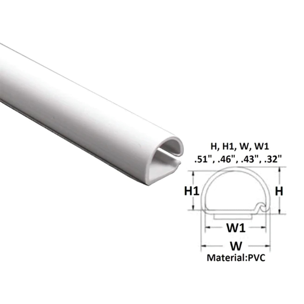 A white cable raceway cover kit, with dimensions labeled, made of PVC plastic, designed for wall cord and cable management.