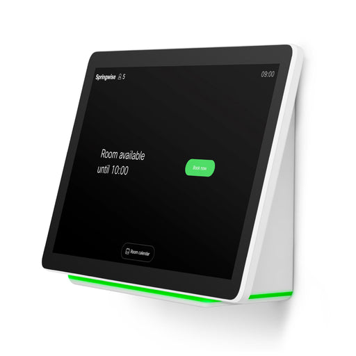 Cisco Webex Room Navigator device with a touchscreen display showing a room availability screen.