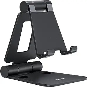 An adjustable black phone holder made of aluminum, with rubber pads, designed for 4-8 inch smartphones.