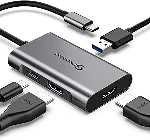 A gray UtechSmart USB-C hub with dual HDMI ports, alongside various cables.