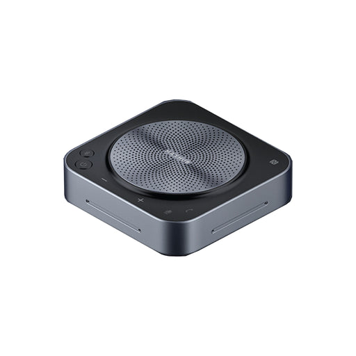 A compact, square-shaped Bluetooth teleconference speakerphone with a metallic finish and buttons on the top edge.