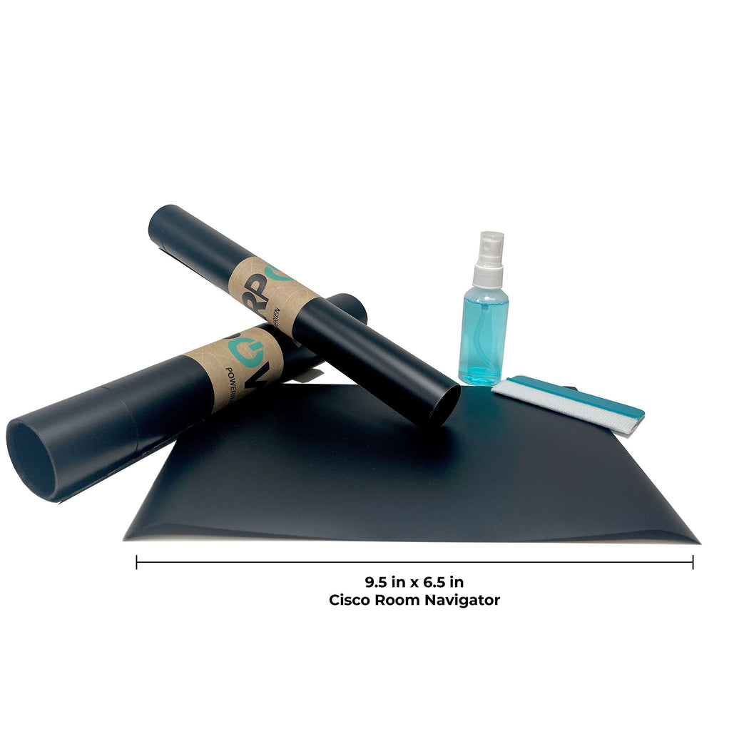 A set of black vinyl records for glass mounting, along with a squeegee and a spray bottle, presumably for installation or maintenance.