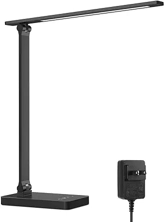 A black LED desk lamp with a long, adjustable gooseneck and a rectangular base, featuring a frosted shade and a button on the base for adjusting lighting settings.