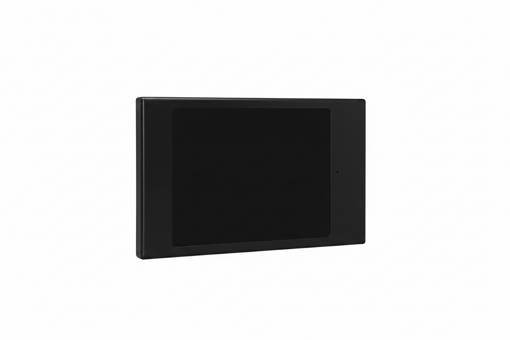 A black rectangular tablet or e-reader device with a blank black screen, shown at a slight angle on a plain white background.