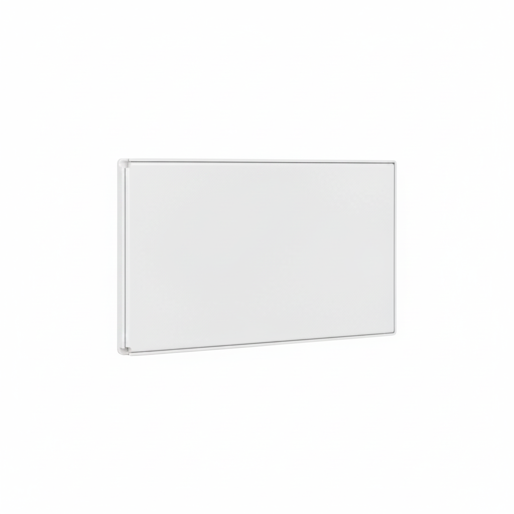 A minimalist rectangular white panel with a thin silver metallic frame, shown at a slight angle against a solid white background.
