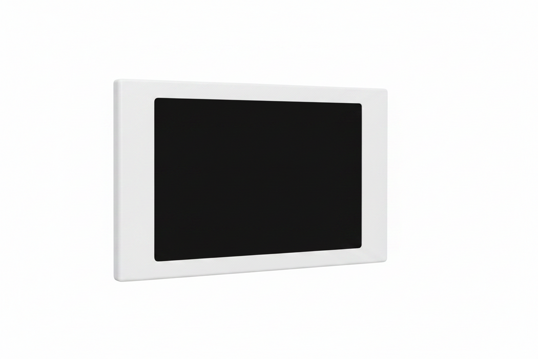 A white rectangular digital display panel with a black screen, shown at a slight angle on a solid white background.