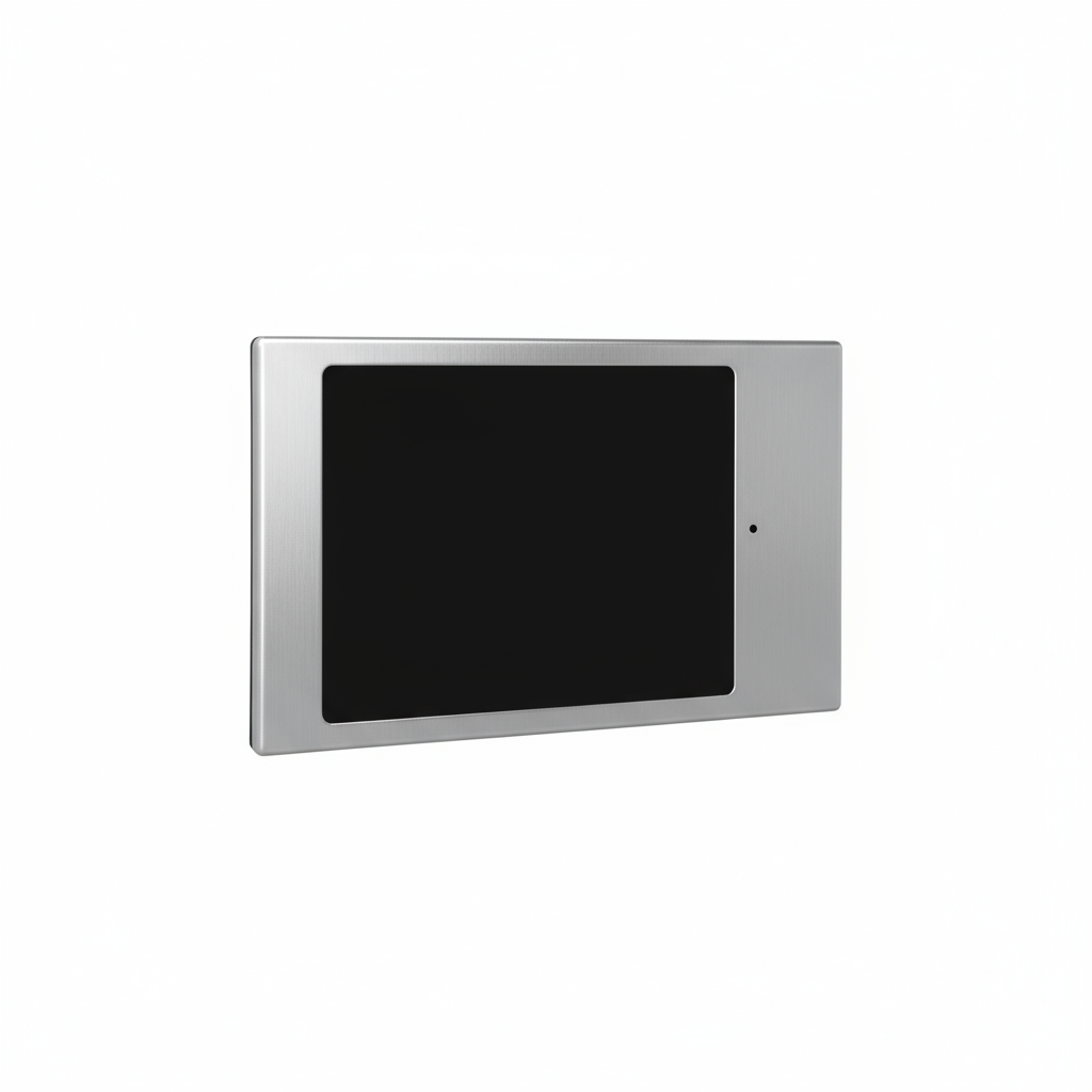 Rectangular electronic device with a black screen on a white background