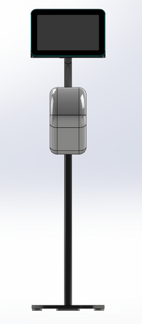 A modern freestanding kiosk or terminal stand with a rectangular black screen mounted at the top, a central gray cylindrical component, and a slim black pole ending in a flat base, shown on a light gray gradient background.