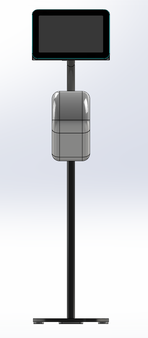 A modern freestanding kiosk or terminal stand with a rectangular black screen mounted at the top, a central gray cylindrical component, and a slim black pole ending in a flat base, shown on a light gray gradient background.