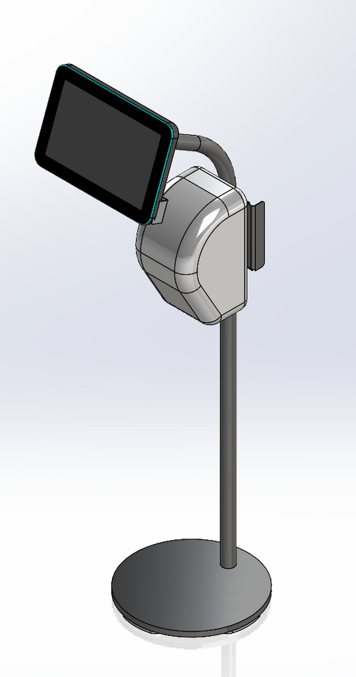 A 3D CAD rendering of a modern kiosk or tablet stand with a circular base, vertical pole, and angled arm holding a black tablet screen.