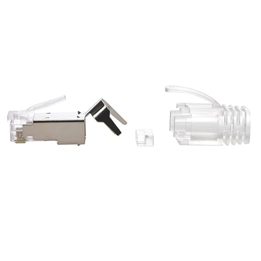Cat8 Shielded RJ45 Plug Connector – 50 Micron, 3-Prong, Clear Boot