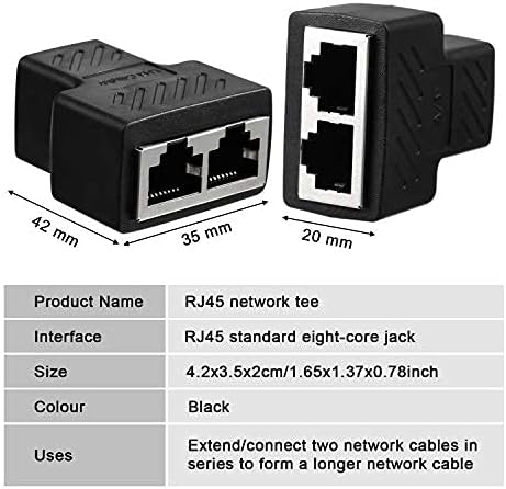 RJ45 network tee connector with specifications on a gray background