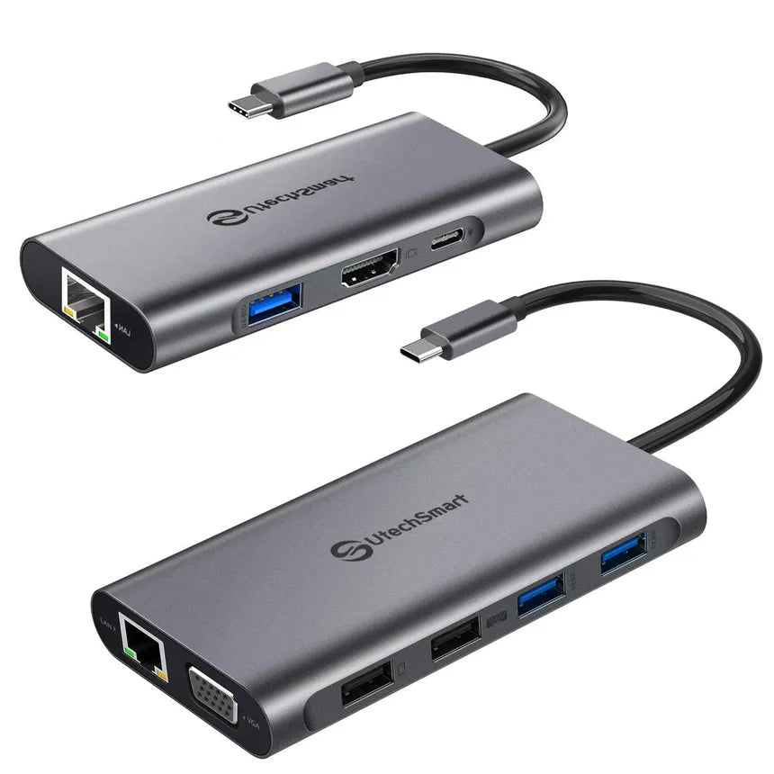 Two USB hub devices with multiple ports on a white background