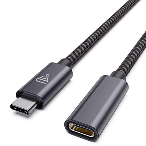 A gray USBC female to USBC male extension cord with a braided design and a right angle connector.