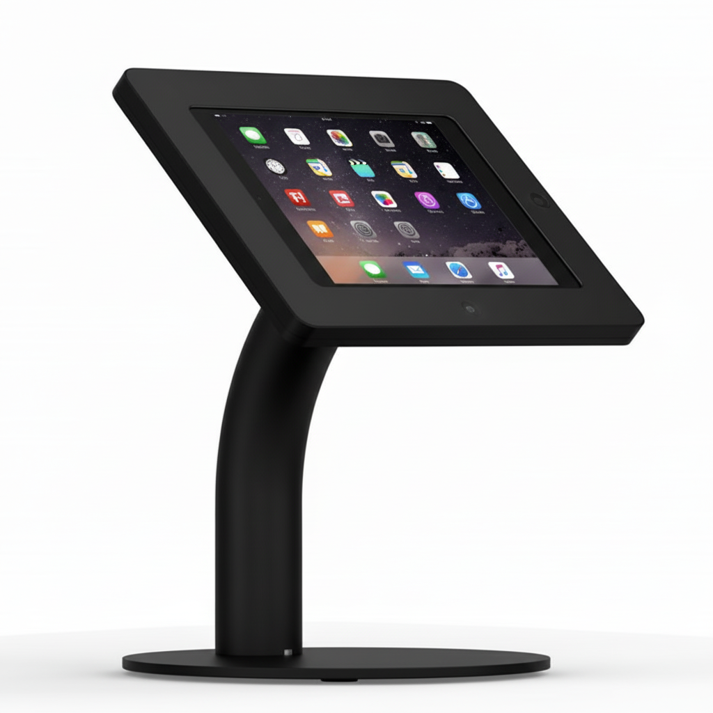 Black tablet stand with a tablet displaying app icons on a white background