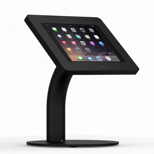 Black tablet stand with a tablet displaying app icons on a white background