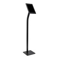 A sleek black floor stand designed to hold a tablet for visitor management or information display purposes.