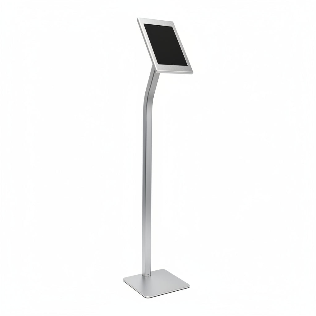 A sleek black floor stand designed to hold a tablet for visitor management or information display purposes.