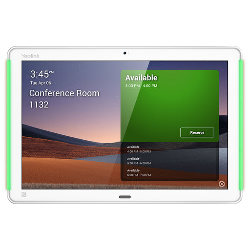 The image shows a Yealink Room Panel Plus with a touchscreen display, featuring a green background and text indicating the conference room status, time, and date.