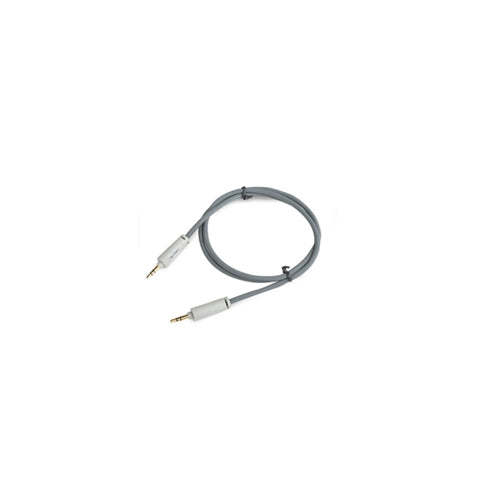 A gray 3.5mm mini stereo cable with connectors on both ends against a white background.