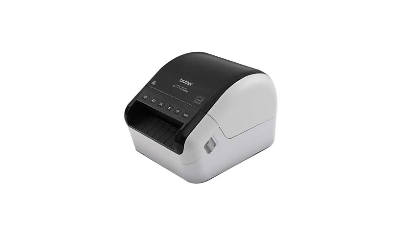 A Brother label printer, model QL-1110NWB, in white and black colors, with a paper tray closed.