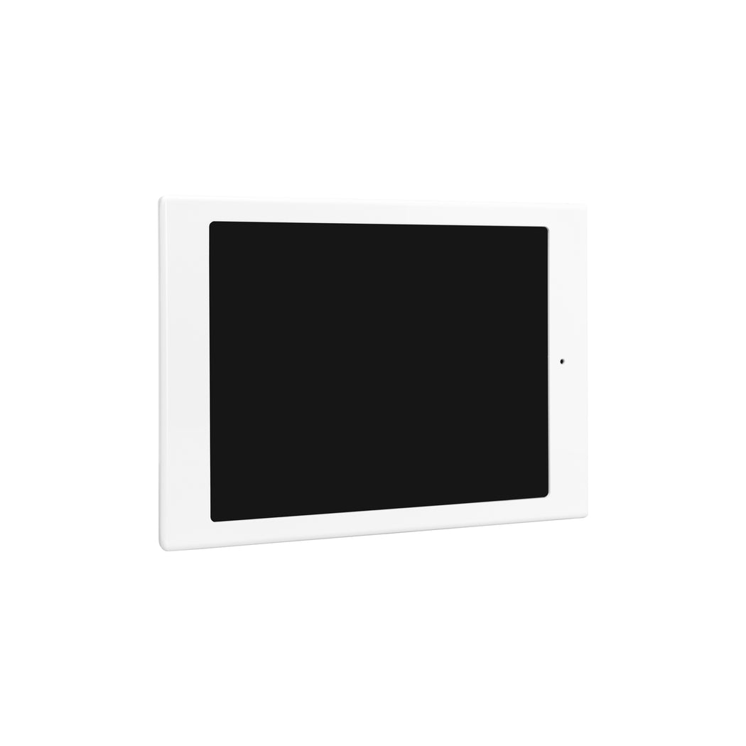 A black iPad mounted on a white rectangular frame, designed to be attached to a door frame.