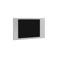 A tablet mounted on a silver frame designed to attach to a glass surface, with a black screen and aluminum construction.