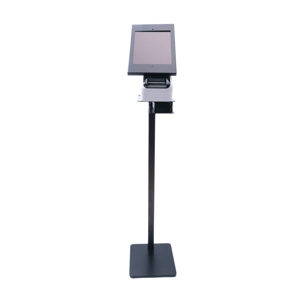 A WAVE Floor Stand with a professional printer mounted on top, designed for lobby kiosk use. The stand is black, with a square base and a tall pole, holding a tablet holder and a printer.
